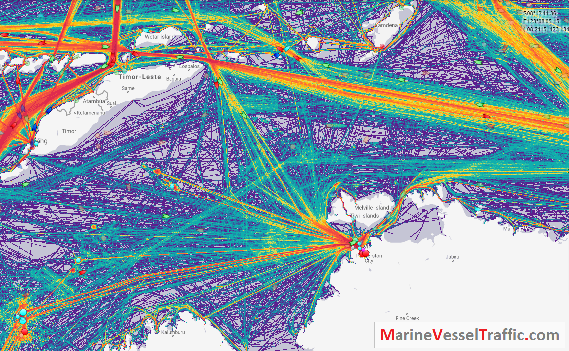 Live Marine Traffic, Density Map and Current Position of ships in TIMOR SEA